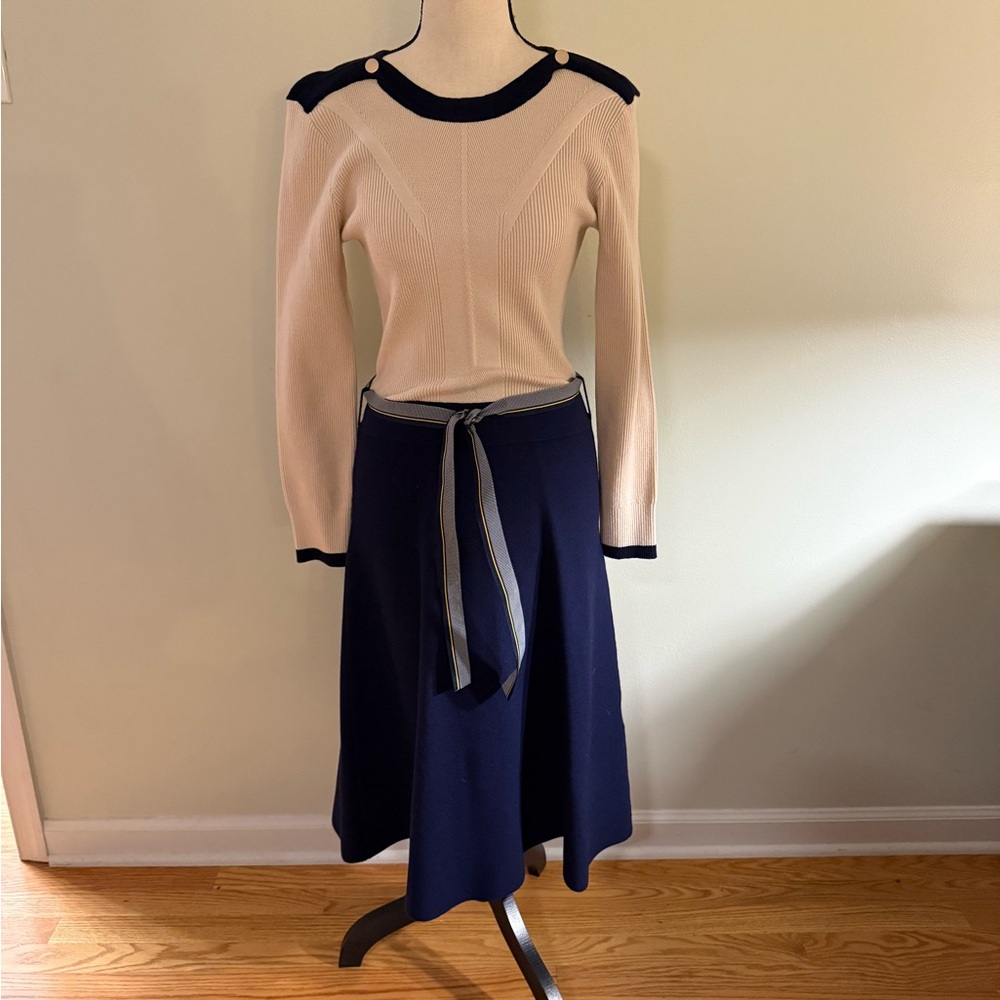 Cream and Navy Sweater Dress with Belt